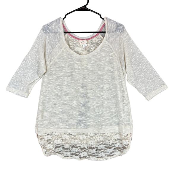 Self Esteem Womens Blouse Beige 3/4 Sleeve Knit Lace Open Back Sheer Linen XL - Picture 1 of 11